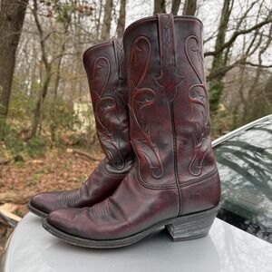 Vtg Lucchese Red Smoked Out Leather Cowboy Boots Size 10D Rare Western Grunge